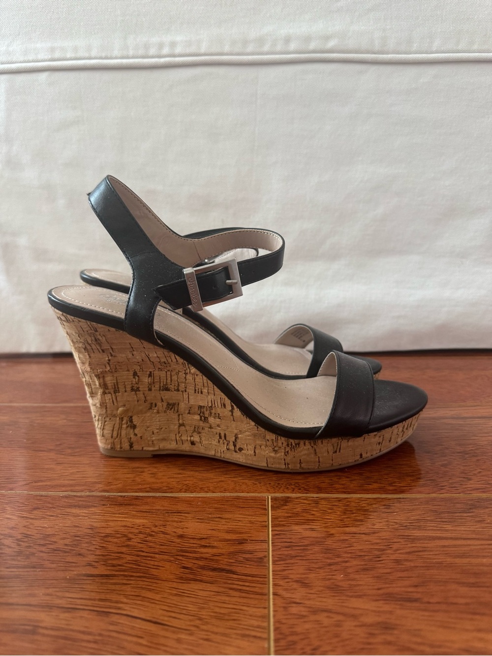 Charles By Charles David Black Cork Wedge Sandals with Ankle Strap